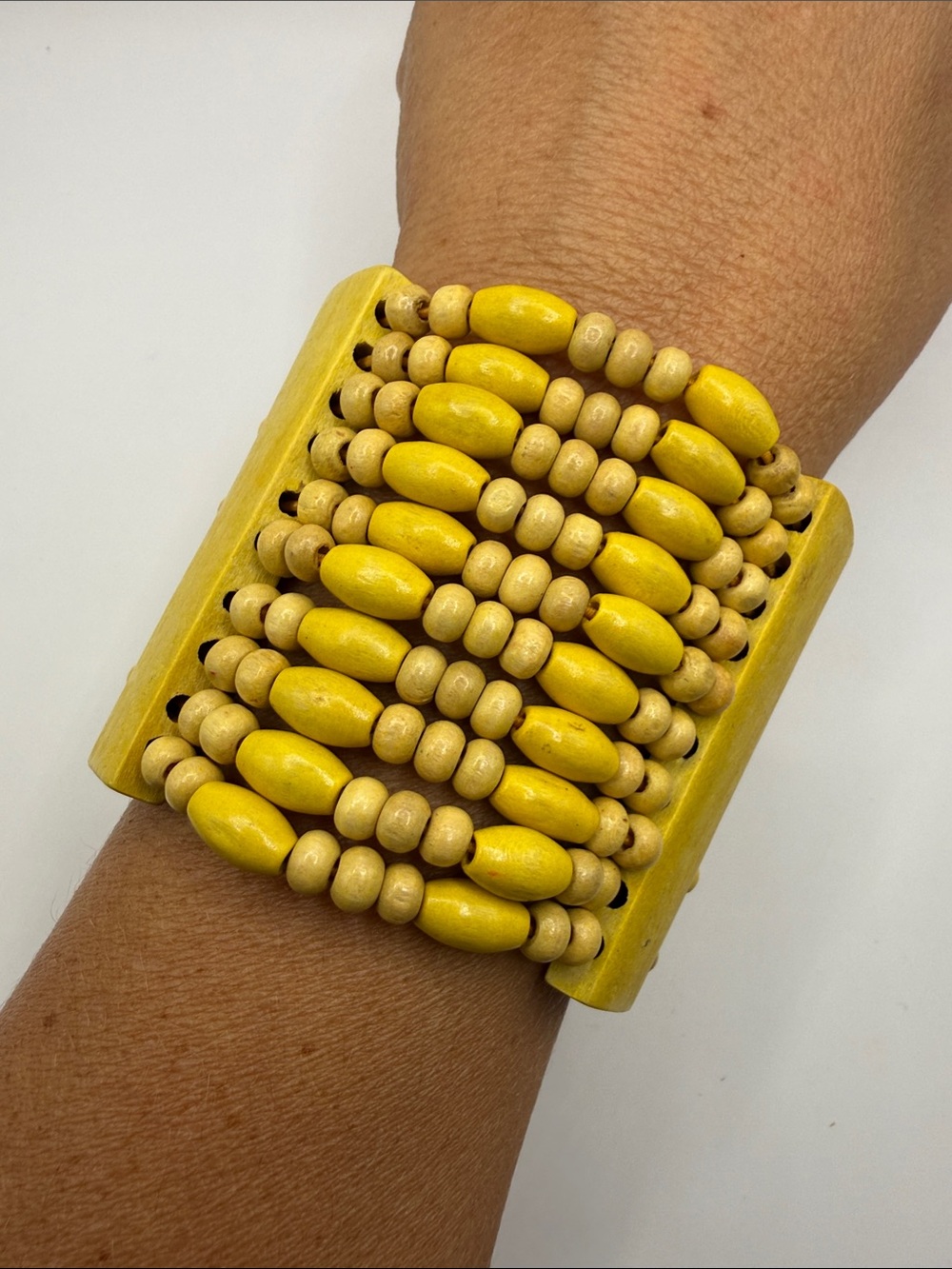 Vintage Boho Yellow Wooden Beaded Large Cuff Bangle Statement Bracelet